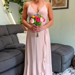 Nude Lace Up High Low Maxi Bridesmaid Dress